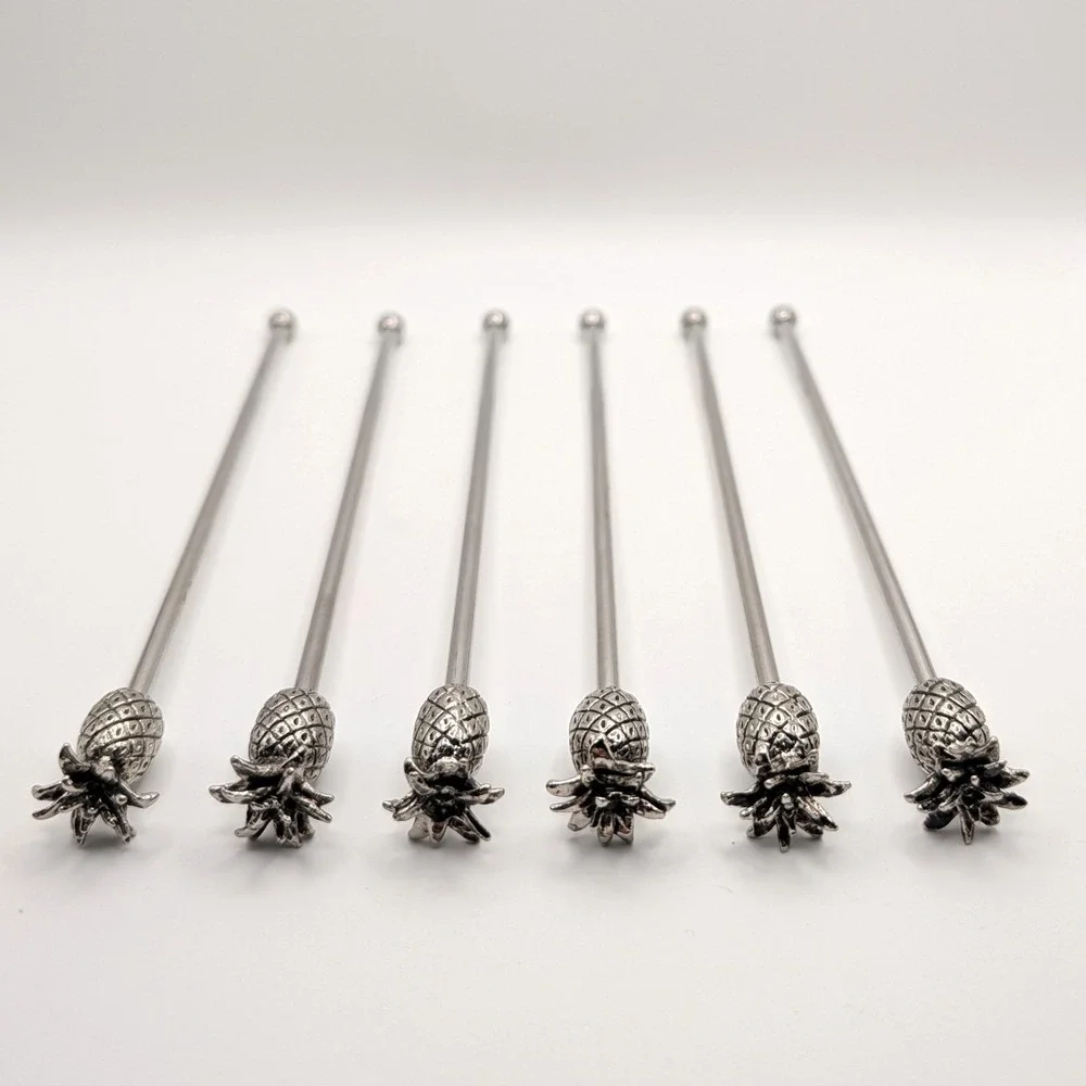 Pineapple Cocktail Stirrers Silver Tone Tiki Metal Swizzle Sticks Set of 6